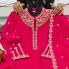Heavy Roman Silk Embroidered Flared Anarkali Kurti Palazzo Set with Dupatta - Image 11
