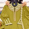 Heavy Roman Silk Embroidered Flared Anarkali Kurti Palazzo Set with Dupatta - Image 14