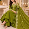 Heavy Roman Silk Embroidered Flared Anarkali Kurti Palazzo Set with Dupatta - Image 3