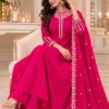 Heavy Roman Silk Embroidered Flared Anarkali Kurti Palazzo Set with Dupatta - Image 5