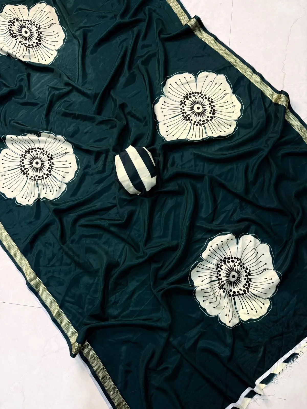Imported Italian Silk Saree – Big Floral Art Concept Print with Woven Gold Zari Border & Striped Designer Blouse - Image 2