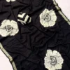 Imported Italian Silk Saree – Big Floral Art Concept Print with Woven Gold Zari Border & Striped Designer Blouse - Image 3