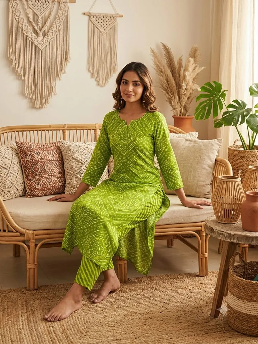 Jaipuri Bandhani Discharge Print Kurti with Leheriya Pant Set | Cotton Daily & Office Wear - Image 2