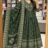 Jaipuri Bandhani & Geometric Print Mulmul Cotton Anarkali Suit Set with Embroidered Yoke & Potli Buttons