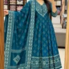 Jaipuri Bandhani & Geometric Print Mulmul Cotton Anarkali Suit Set with Embroidered Yoke & Potli Buttons - Image 3