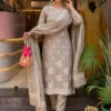 Jute Silk Embroidered Kurti Pant Set with Woven Daman Border & Dupatta - Image 10