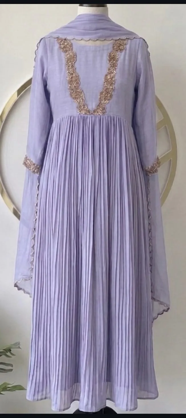 Lavender Pleated Chiffon Anarkali Suit Set with Zari Lace Yoke & Scallop Dupatta | Pastel Festive Kurta Set