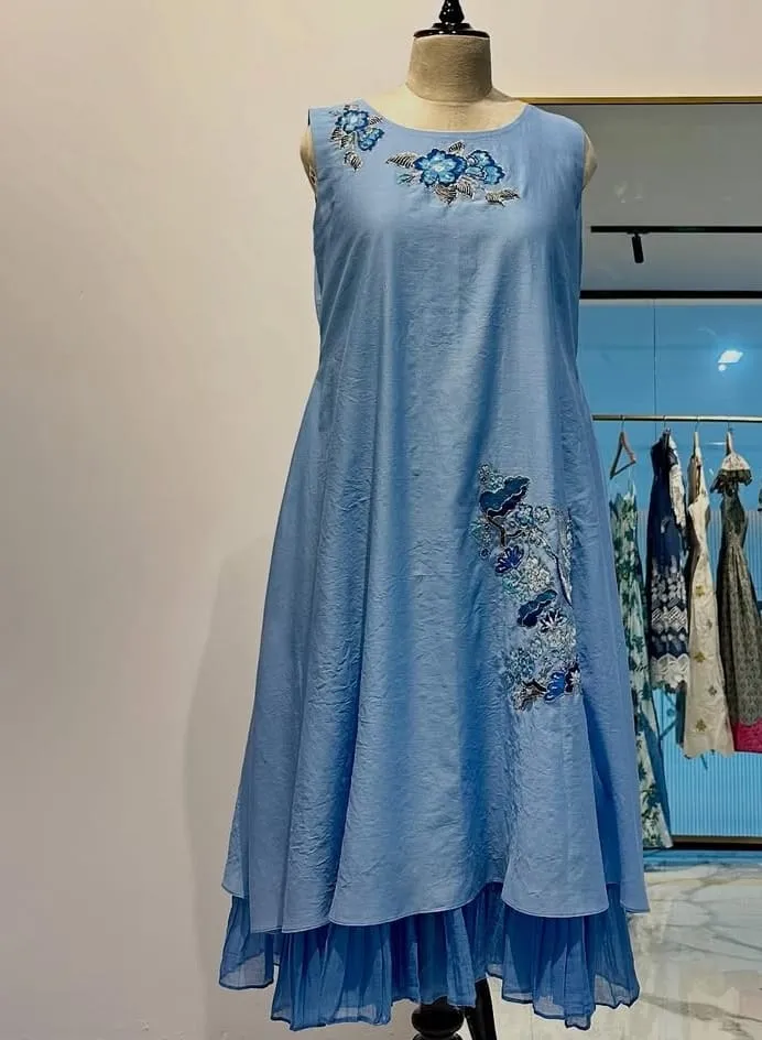 Light Blue Floral Embroidered A-Line Dress | Designer Sleeveless Layered Party Gown