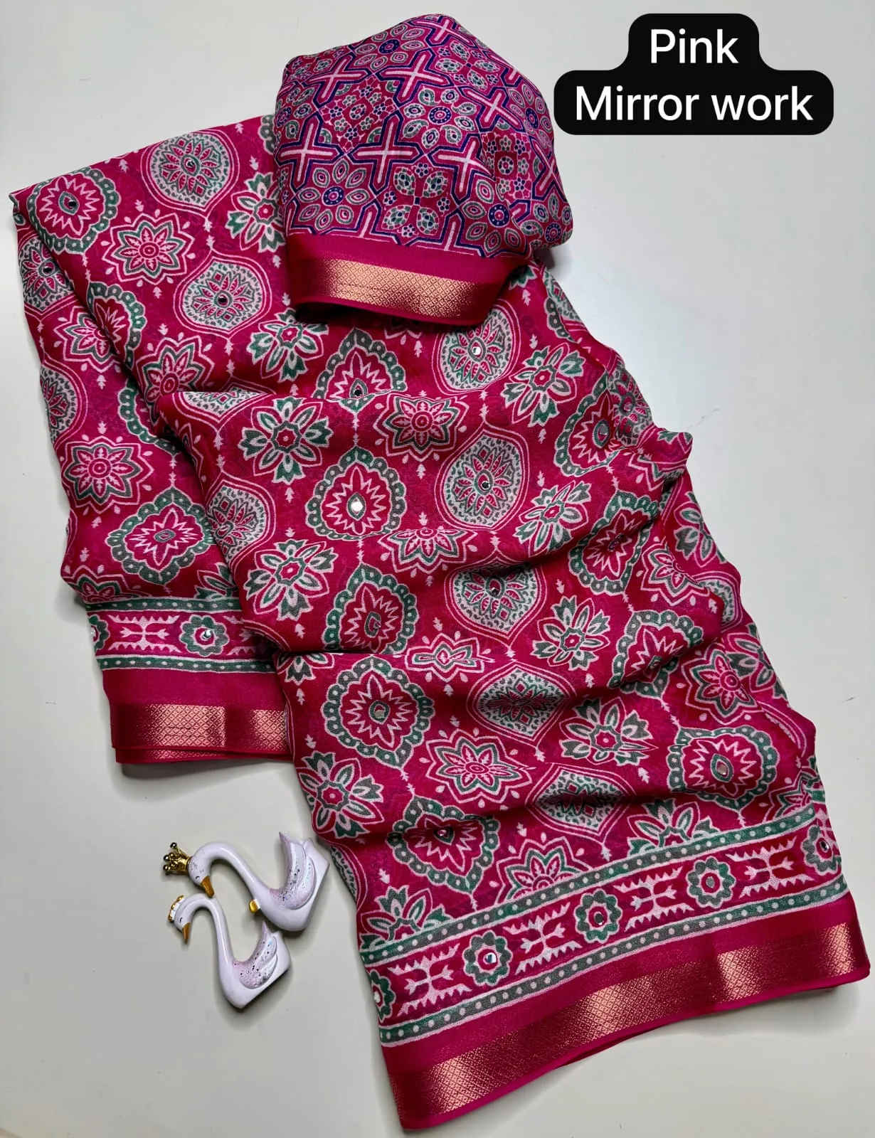 Lightweight Georgette Mirror Work Saree with Zari Border & Matching Blouse Piece - Image 11