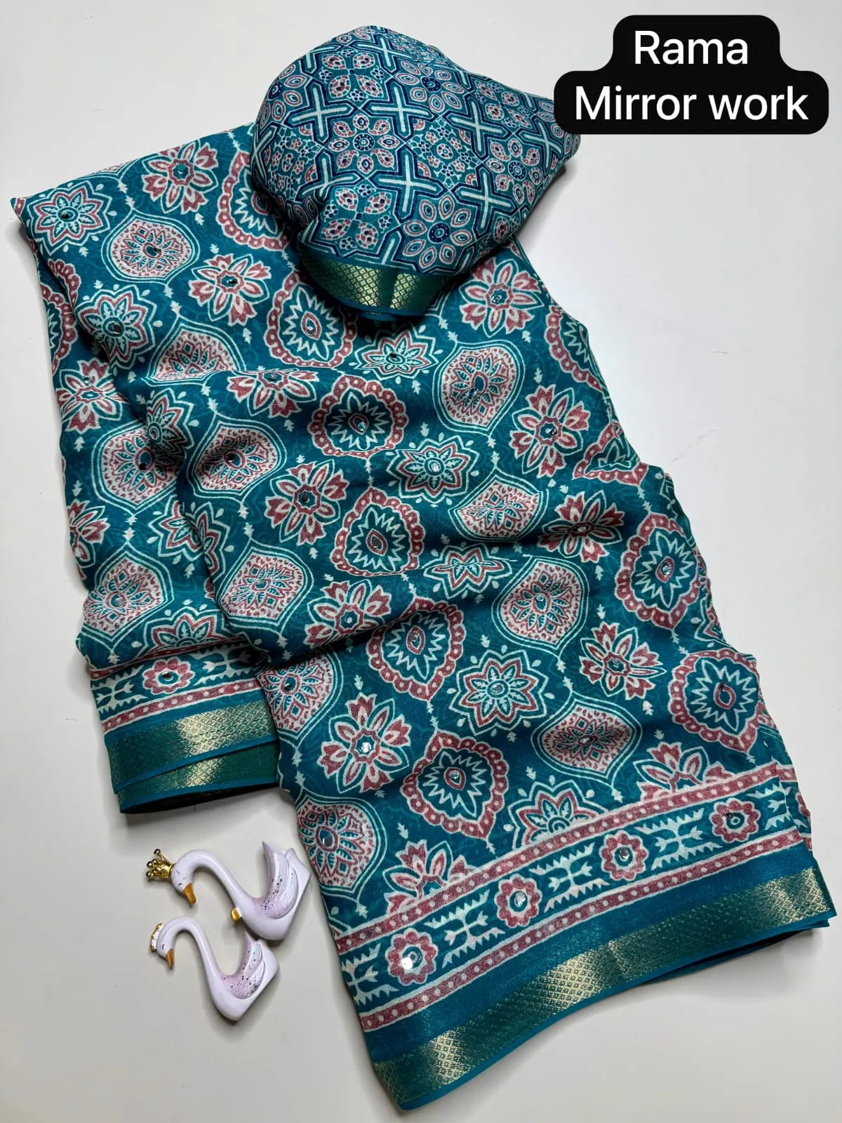 Lightweight Georgette Mirror Work Saree with Zari Border & Matching Blouse Piece - Image 12