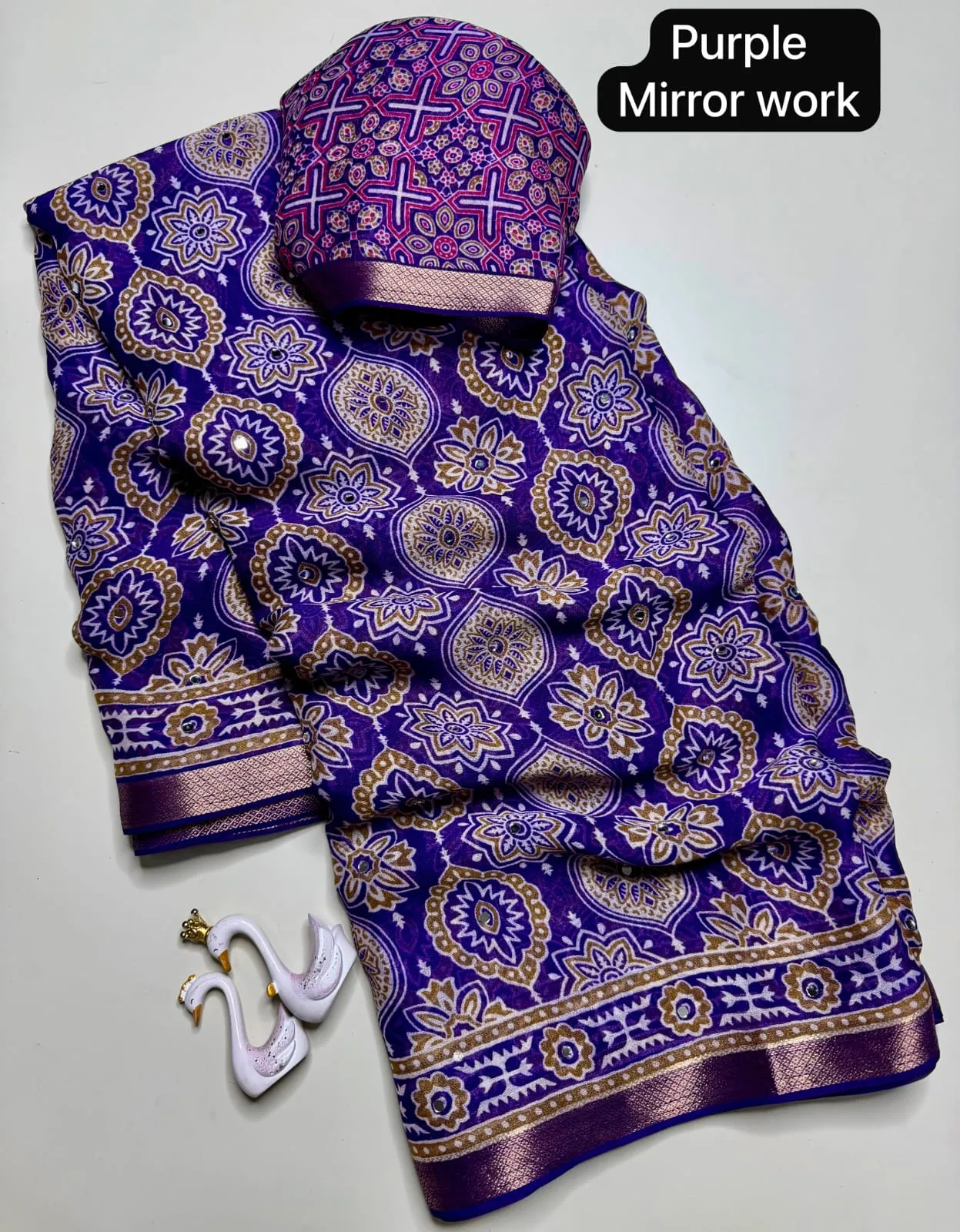 Lightweight Georgette Mirror Work Saree with Zari Border & Matching Blouse Piece - Image 13