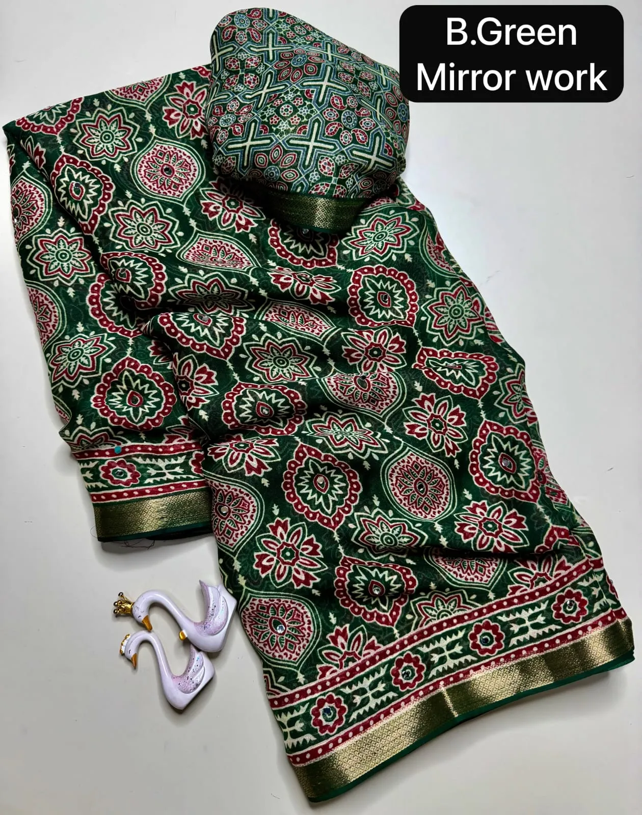 Lightweight Georgette Mirror Work Saree with Zari Border & Matching Blouse Piece - Image 3