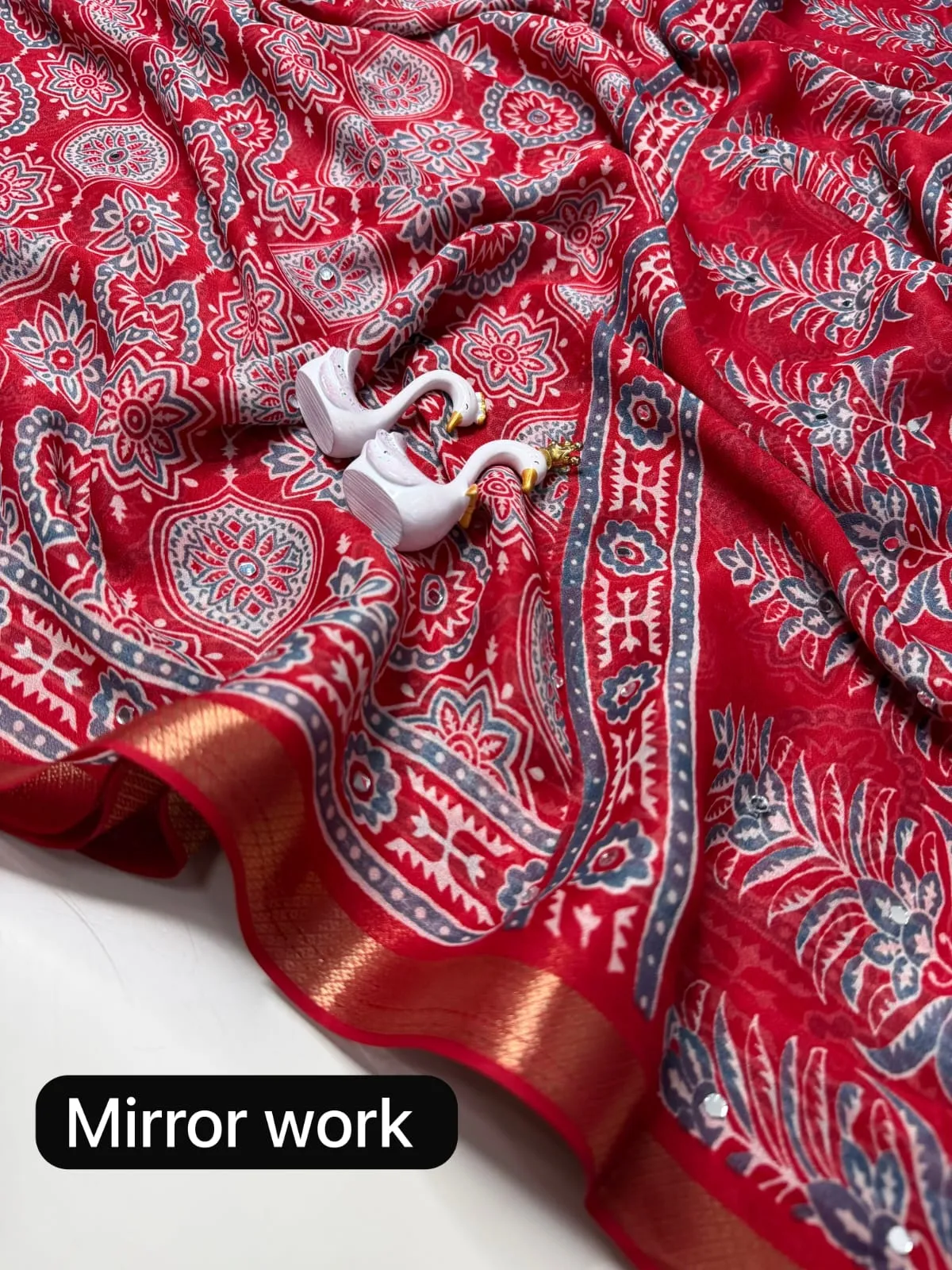 Lightweight Georgette Mirror Work Saree with Zari Border & Matching Blouse Piece - Image 6