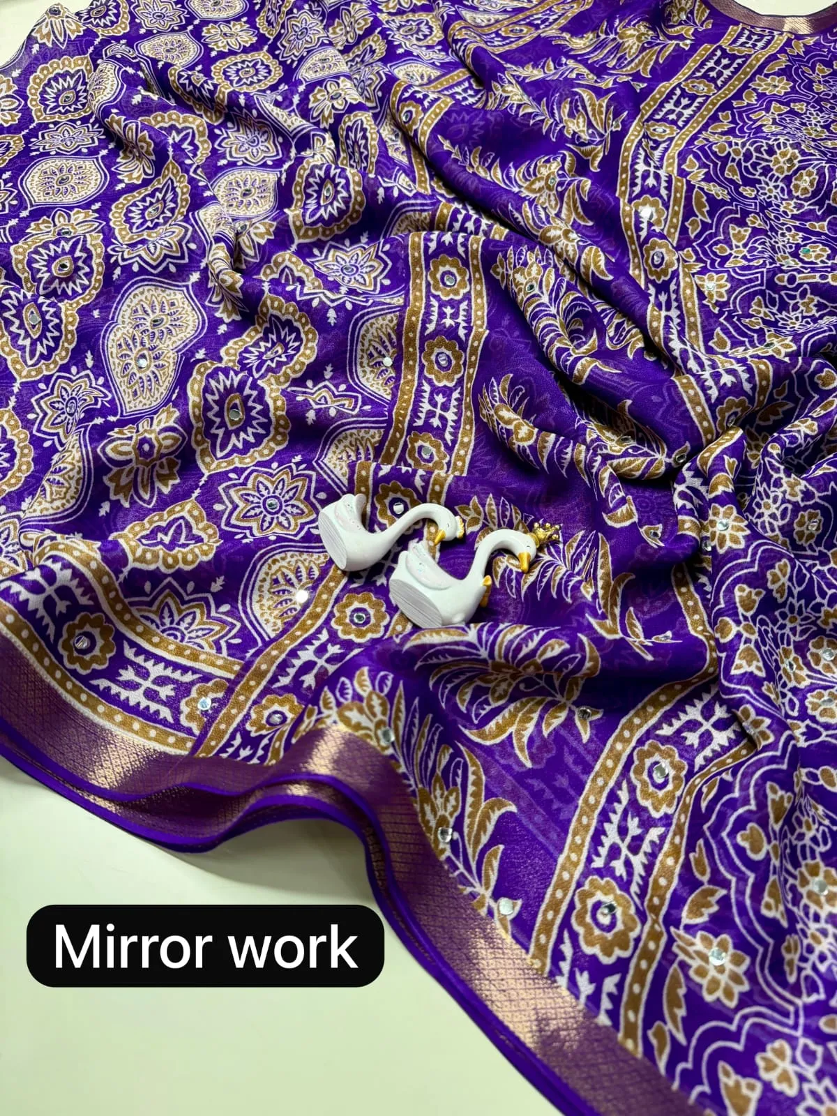 Lightweight Georgette Mirror Work Saree with Zari Border & Matching Blouse Piece - Image 7