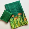 Lightweight Kota Doria Check Saree – Botanical Wildflower Art Print with Contrast Border & Printed Blouse Digital Printed Modal