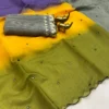 Lightweight Soft Linen Cotton Saree with Foil Mirror Work | Multicolor Ombre Shaded Saree with Embroidered Cut Work Border - Image 16