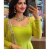 Lime Green Flared Georgette Gown & Embroidered Dupatta - Image 3
