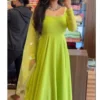 Lime Green Flared Georgette Gown & Embroidered Dupatta - Image 4