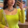 Lime Green Flared Georgette Gown & Embroidered Dupatta - Image 5