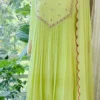 Lime Green Pleated Georgette Anarkali Suit Set – V-Yoke Hand Embroidered Kurta with Red Contrast Scalloped Dupatta