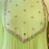 Lime Green Pleated Georgette Anarkali Suit Set – V-Yoke Hand Embroidered Kurta with Red Contrast Scalloped Dupatta - Image 2