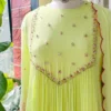 Lime Green Pleated Georgette Anarkali Suit Set – V-Yoke Hand Embroidered Kurta with Red Contrast Scalloped Dupatta - Image 3