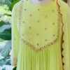 Lime Green Pleated Georgette Anarkali Suit Set – V-Yoke Hand Embroidered Kurta with Red Contrast Scalloped Dupatta - Image 4