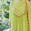 Lime Green Pleated Georgette Anarkali Suit Set – V-Yoke Hand Embroidered Kurta with Red Contrast Scalloped Dupatta - Image 5