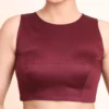 Maroon Raw Silk Sleeveless Saree Blouse – High Round Neck Potli Button Closed Back Designer Choli