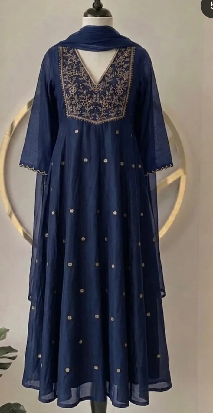 Midnight Navy Blue Silk Anarkali Suit Set with Zari Embroidered Yoke & Dupatta | Royal Festive Wedding Wear