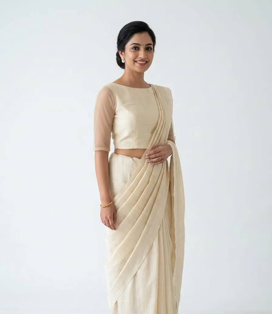 Minimalist Pure Silk Saree Blouse – Elegant Boat Neckline with Transparent Net Sleeves