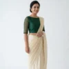 Minimalist Pure Silk Saree Blouse – Elegant Boat Neckline with Transparent Net Sleeves - Image 3