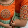 Mint Green & Orange Maggam Work Long Frock | Handcrafted Peacock Embroidery Festive Anarkali Gown with Dupatta