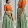 Mint Green & Orange Maggam Work Long Frock | Handcrafted Peacock Embroidery Festive Anarkali Gown with Dupatta - Image 2