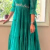 Mint Teal Georgette Flared One-Piece Dress with Delicate Hand Embroidery & Ruffle Sleeves