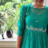 Mint Teal Georgette Flared One-Piece Dress with Delicate Hand Embroidery & Ruffle Sleeves - Image 2