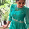 Mint Teal Georgette Flared One-Piece Dress with Delicate Hand Embroidery & Ruffle Sleeves - Image 3