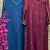 Mul Chanderi Embroidered Kurta Set with Dupatta | Festive V-Neck Suit