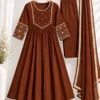 Mul Chanderi Hand Embroidered Anarkali Suit Set with Dupatta | Festive Flared Kurta Pant Set for Women - Image 3