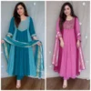 Mul Chanderi Handwork Anarkali Suit Set with Zari Dupatta | Dual Tone Flared Kurti Pant Set for Women