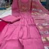 Mul Chanderi Handwork Anarkali Suit Set with Zari Dupatta | Dual Tone Flared Kurti Pant Set for Women - Image 2