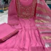 Mul Chanderi Handwork Anarkali Suit Set with Zari Dupatta | Dual Tone Flared Kurti Pant Set for Women - Image 9