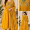 Mul Chanderi Silk Anarkali Suit Set with Cutwork Embroidered Dupatta & Pants