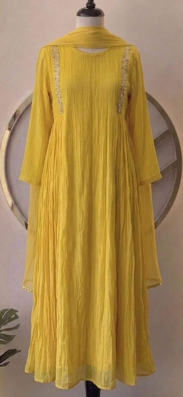 Mustard Yellow Crinkled Silk Anarkali Suit Set with Embroidered Yoke & Chiffon Dupatta | Haldi Outfit for Women