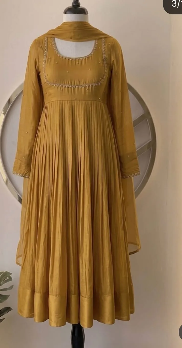 Mustard Yellow Pleated Anarkali Suit Set with Dupatta | Designer Ethnic Wear