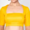 Mustard Yellow Silk Readymade Saree Blouse – Broad Square Neck Cut-Out Back Designer Crop Top
