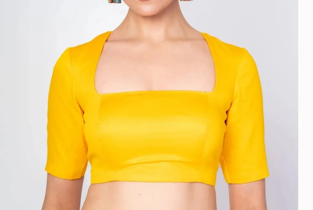Mustard Yellow Silk Readymade Saree Blouse – Broad Square Neck Cut-Out Back Designer Crop Top