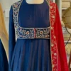 Navy Blue Raw Silk Anarkali Suit with Embroidered Crop Jacket – Flared Festive Gown Set with Contrast Red Zari Dupatta