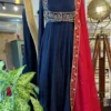Navy Blue Raw Silk Anarkali Suit with Embroidered Crop Jacket – Flared Festive Gown Set with Contrast Red Zari Dupatta - Image 2