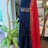 Navy Blue Raw Silk Anarkali Suit with Embroidered Crop Jacket – Flared Festive Gown Set with Contrast Red Zari Dupatta - Image 3